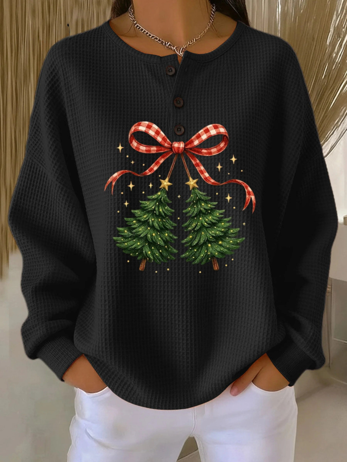 Women's Vintage Christmas Tree Art Print Casual Cotton Shirt
