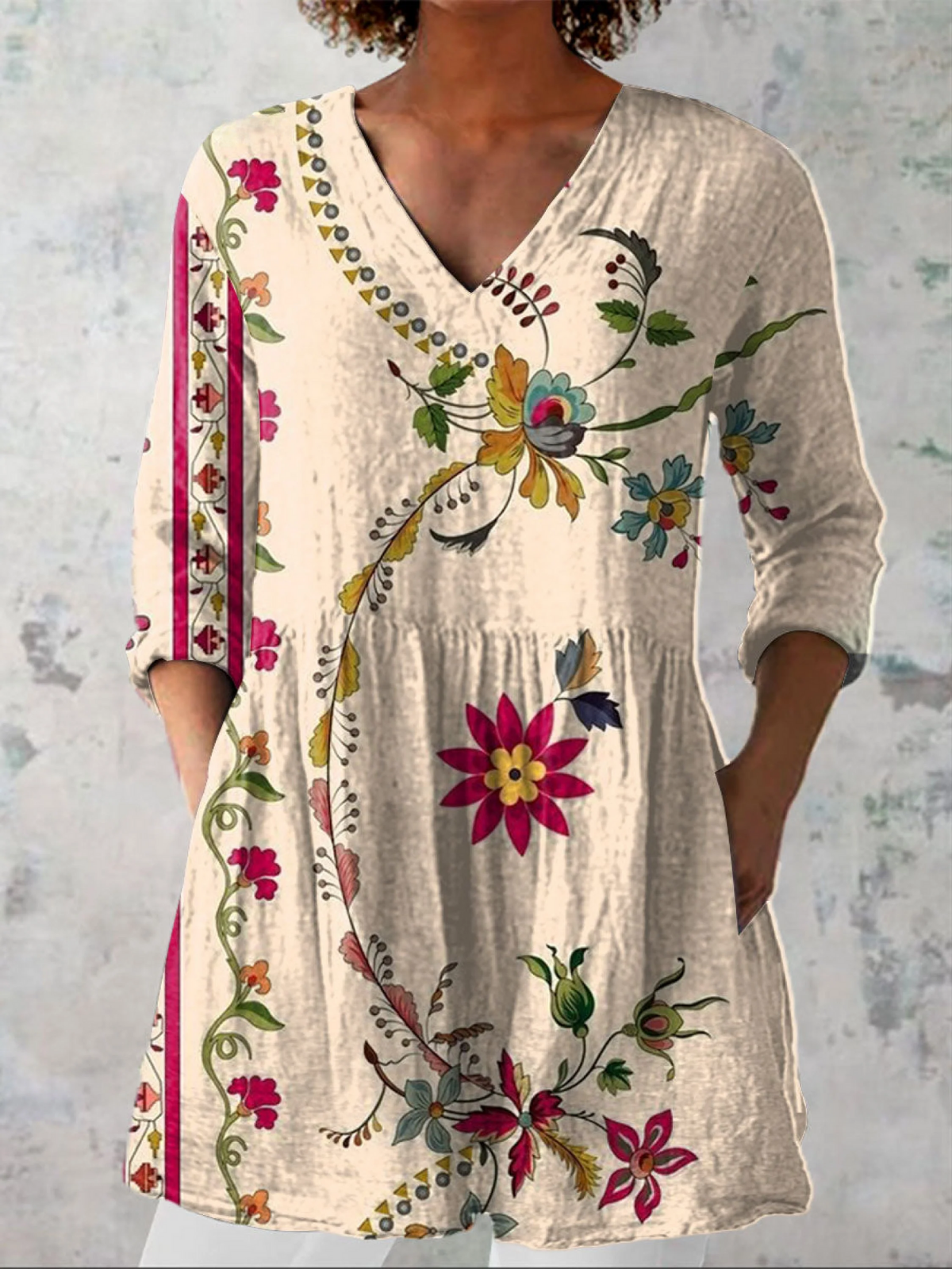 Women's  Boho Flowers Art Print Casual Linen V-neck Tunic