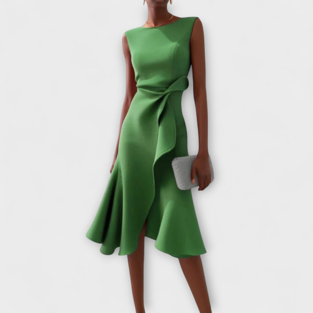 Juliette Noir – Draped Asymmetric Midi Dress for Modern Sophistication