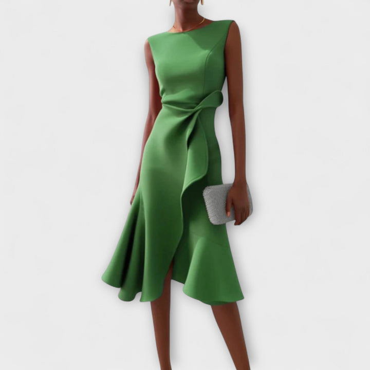 Juliette Noir – Draped Asymmetric Midi Dress for Modern Sophistication