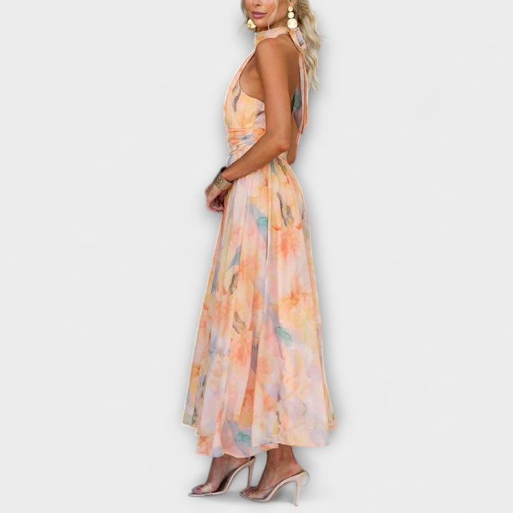 Valmere Aurelia – Halter-Neck Watercolour Maxi Dress for Effortless Summer Elegance