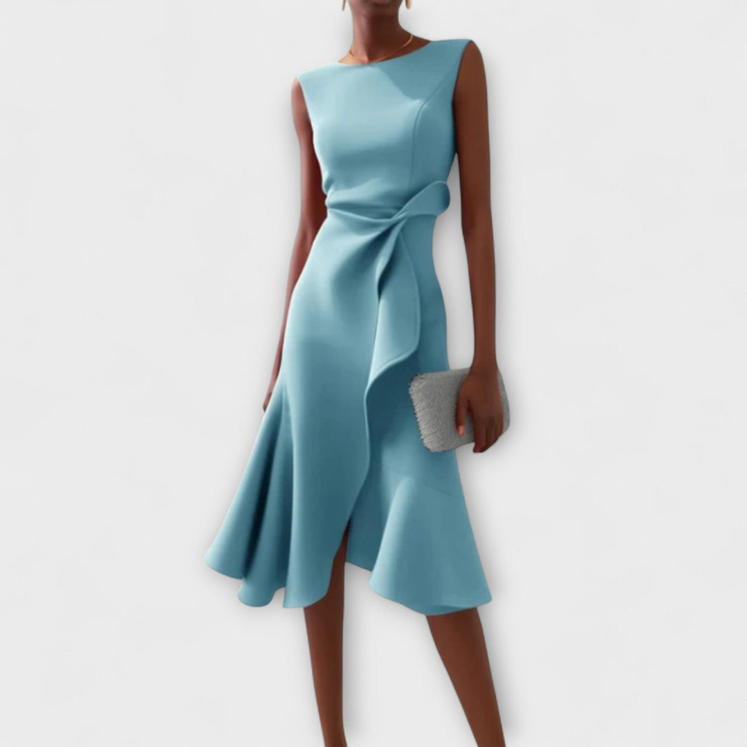 Juliette Noir – Draped Asymmetric Midi Dress for Modern Sophistication
