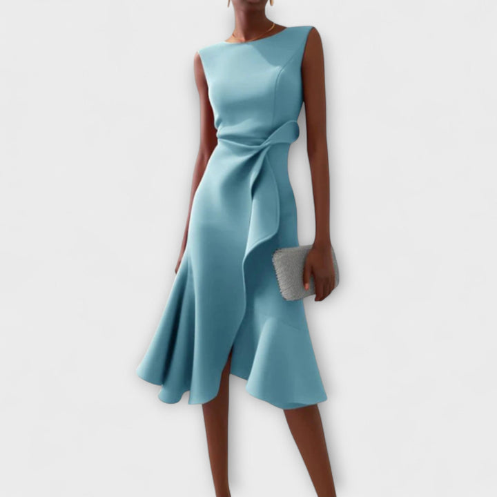 Juliette Noir – Draped Asymmetric Midi Dress for Modern Sophistication