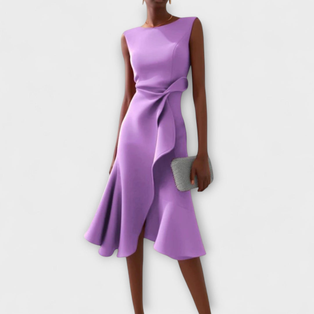 Juliette Noir – Draped Asymmetric Midi Dress for Modern Sophistication
