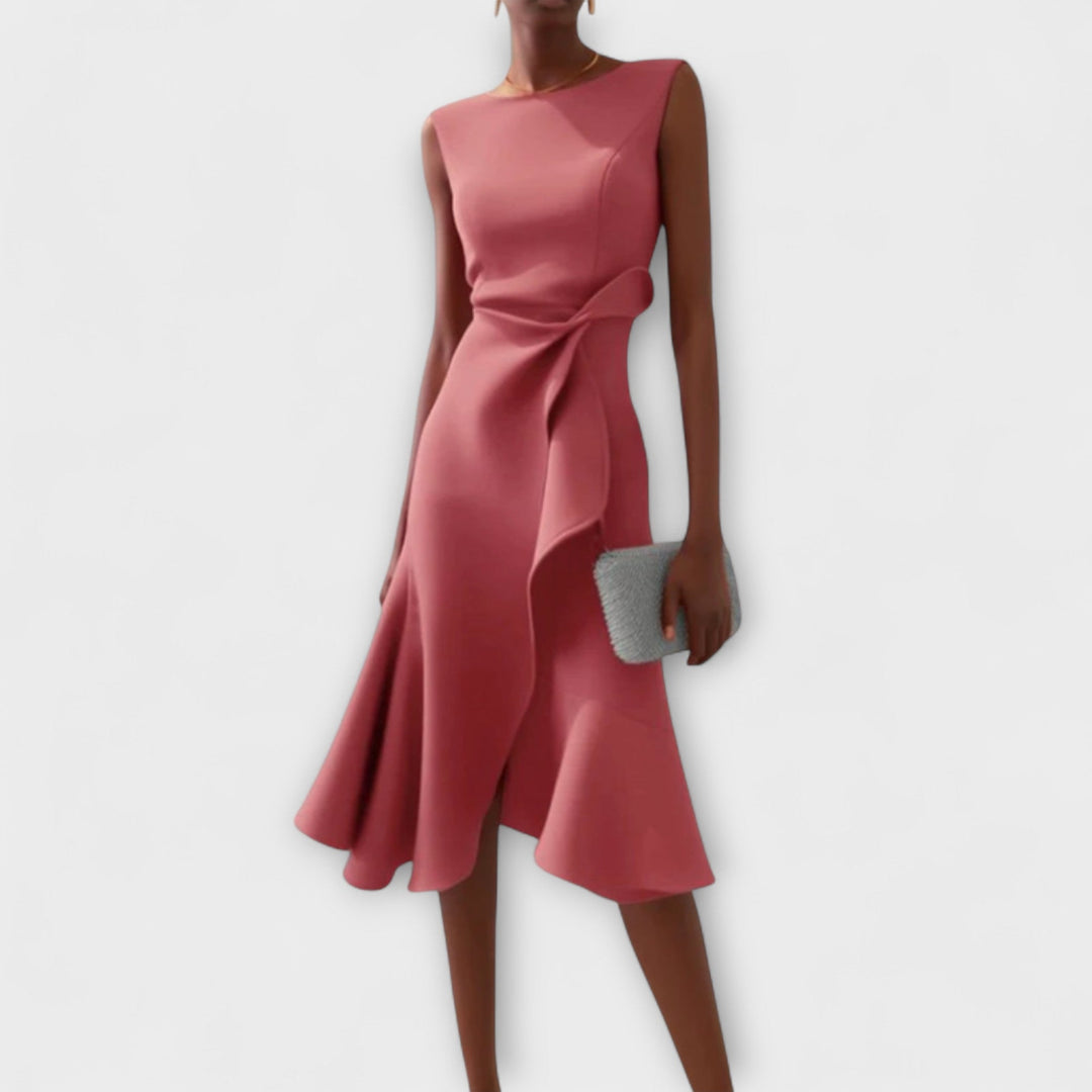 Juliette Noir – Draped Asymmetric Midi Dress for Modern Sophistication