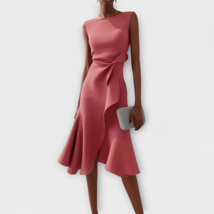 Juliette Noir – Draped Asymmetric Midi Dress for Modern Sophistication
