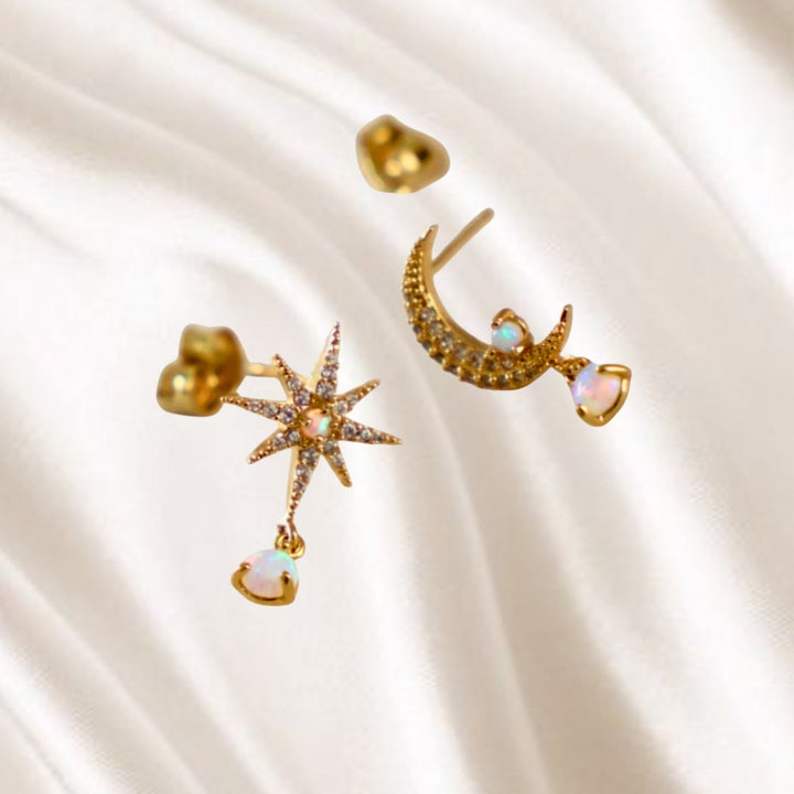 Antique Bloom | Gold & Opal Moon & Star Earrings