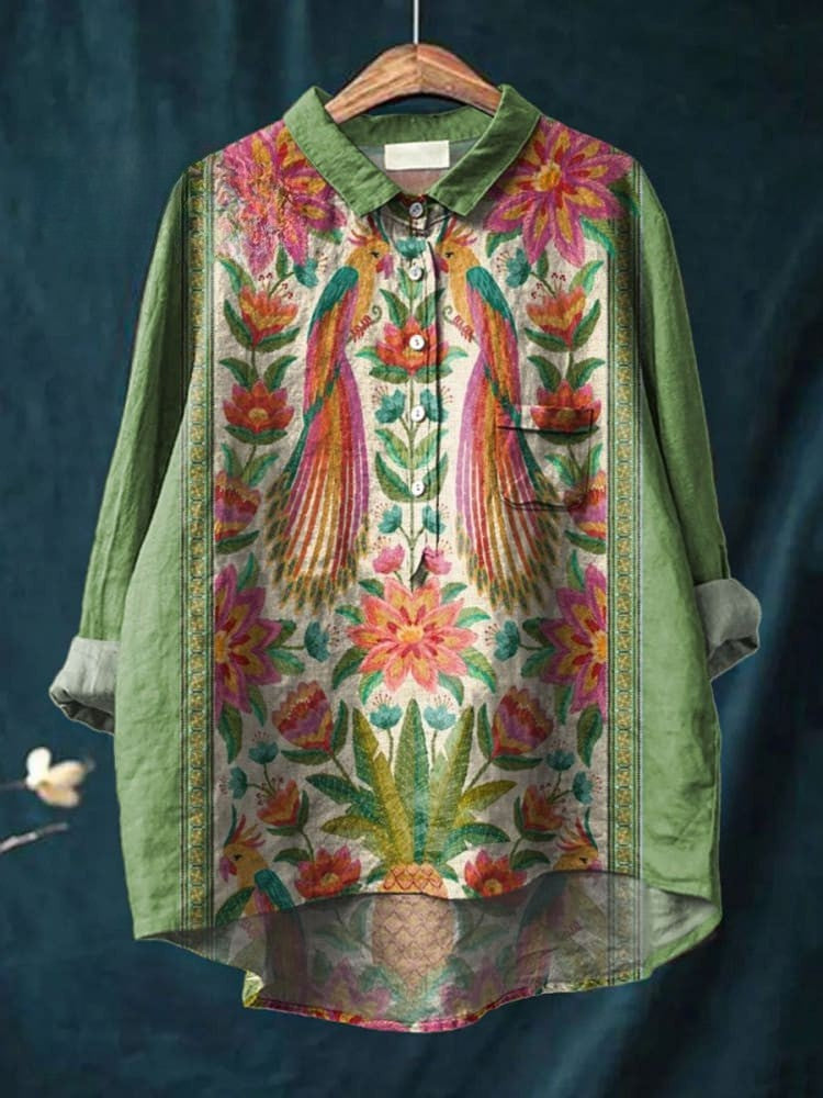 Women's Vintage Lovely Floral Birds Art Print Casual  Linen Shirt