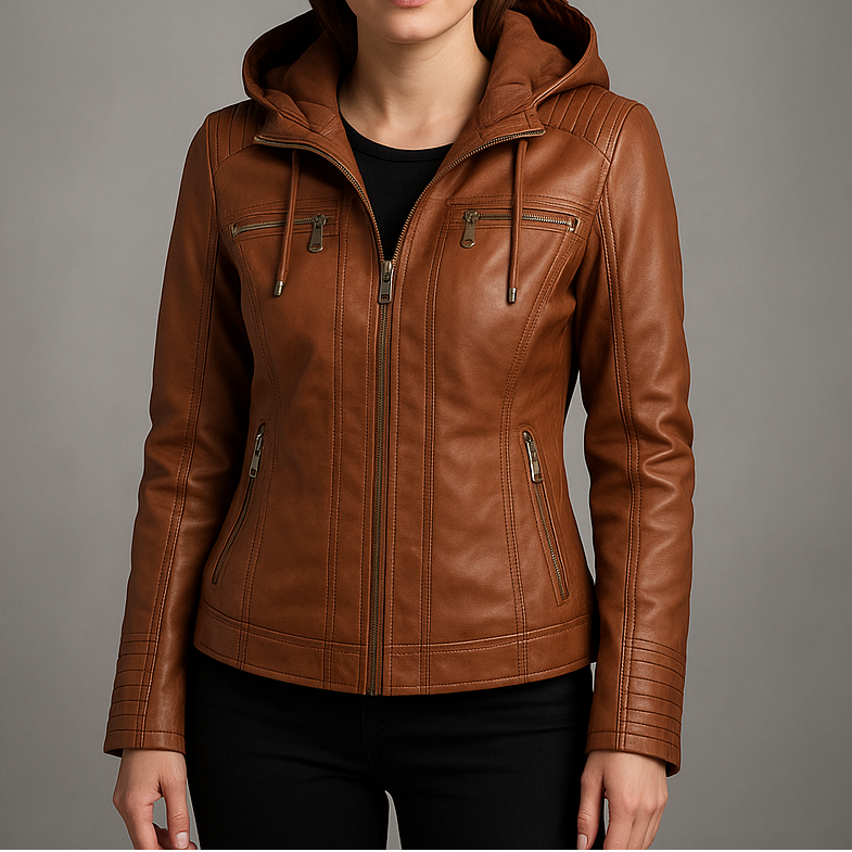 CAMILLE | ELEGANT FAUX LEATHER HOODED JACKET
