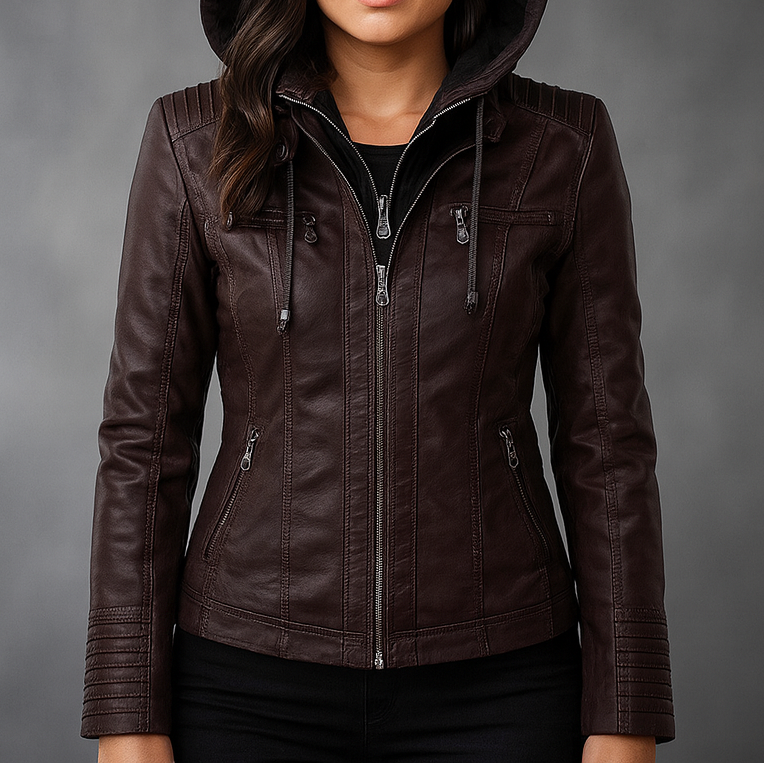 CAMILLE | ELEGANT FAUX LEATHER HOODED JACKET