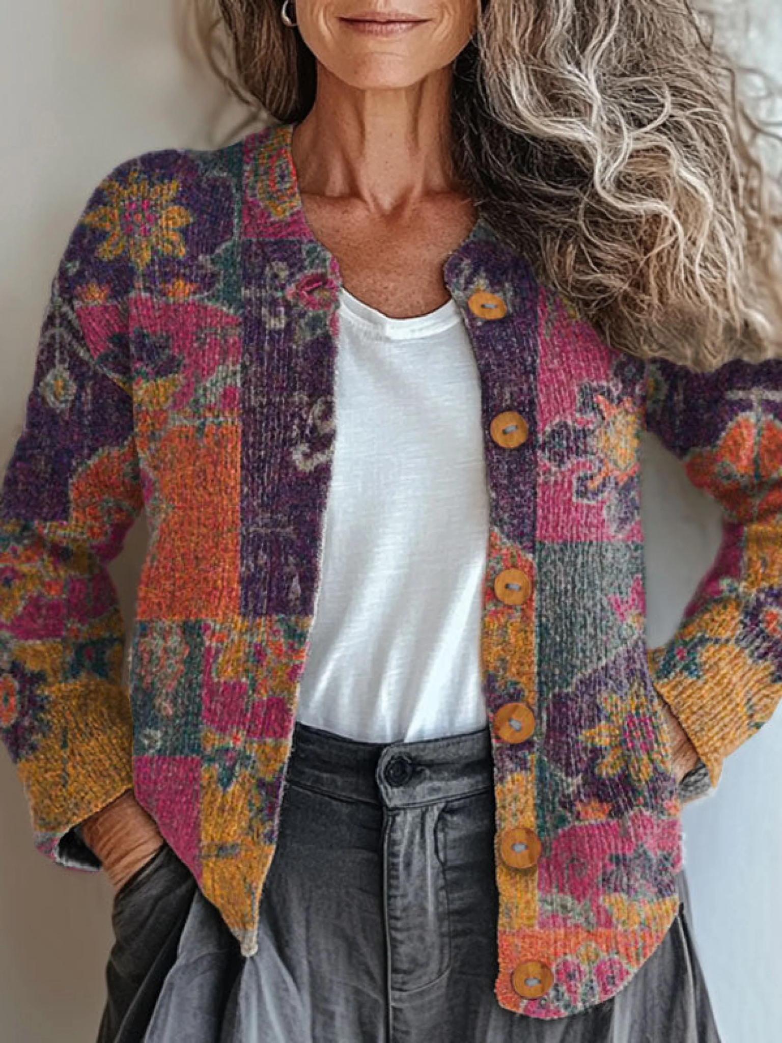 Vintage Flower Art Print Buttoned Cardigan Sweater