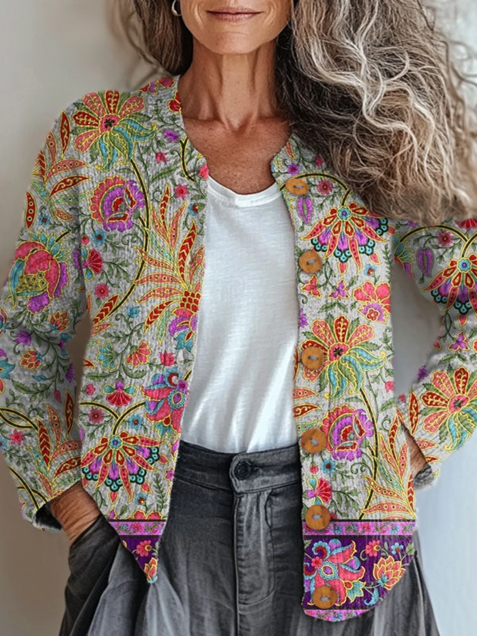 Vintage Flower Art Print Buttoned Cardigan Sweater