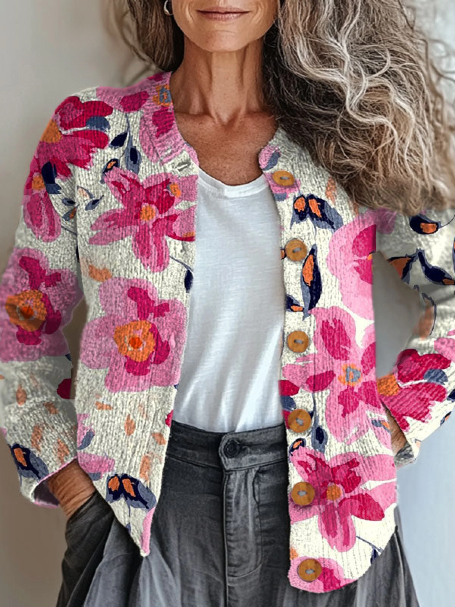 Vintage Flower Art Print Buttoned Cardigan Sweater