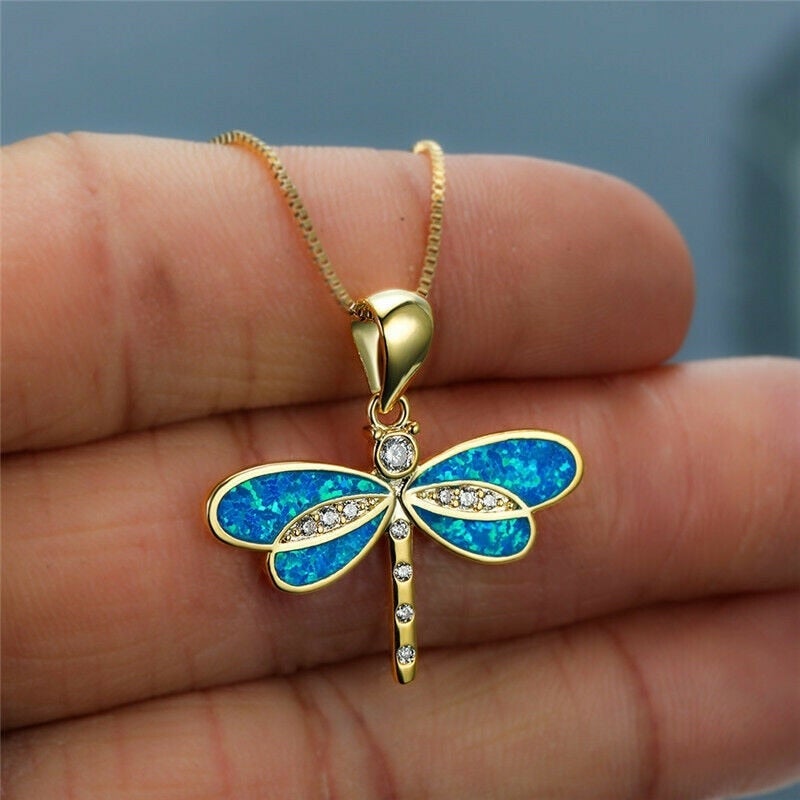 Drakona | Gold Dragonfly Necklace with Opal