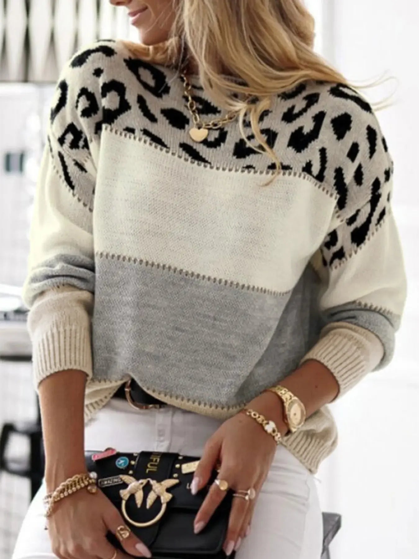 Leah Colorblock Leopard Knit Sweater
