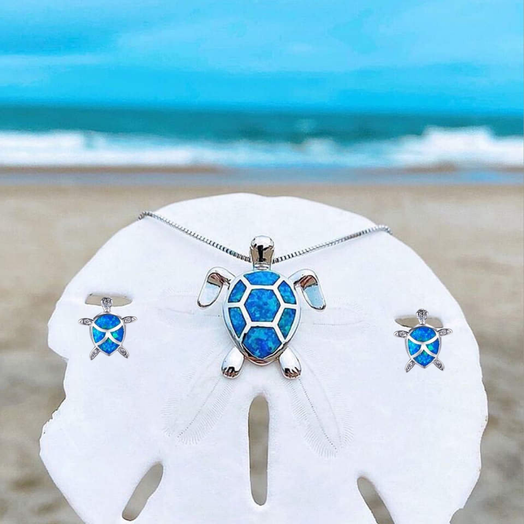 Sea Turtle Opal and Silver Necklace & Earrings Set