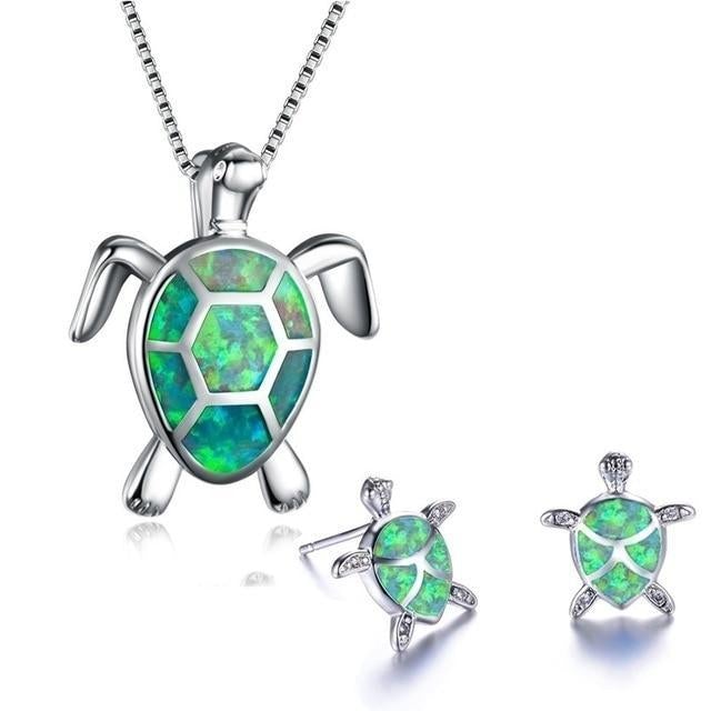 Sea Turtle Opal and Silver Necklace & Earrings Set