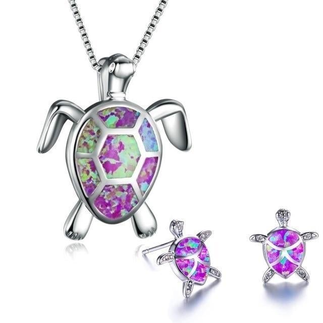 Sea Turtle Opal and Silver Necklace & Earrings Set