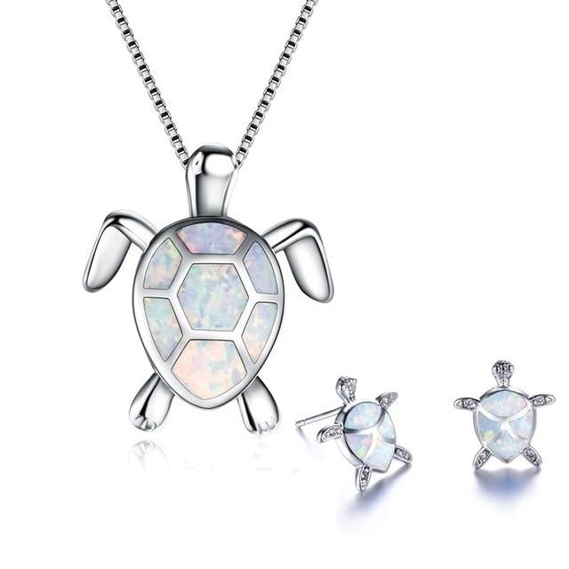 Sea Turtle Opal and Silver Necklace & Earrings Set