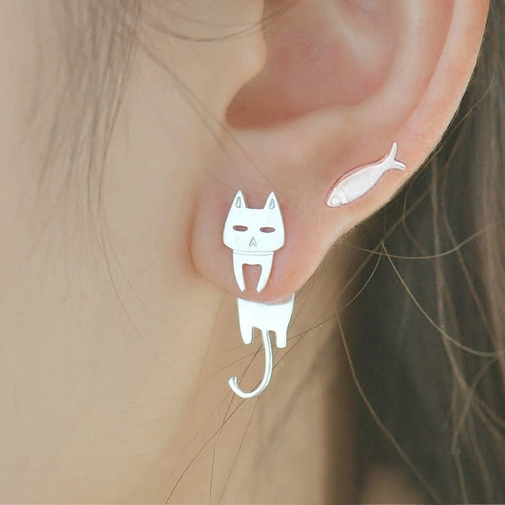 Silver Climbing Kitty Earrings