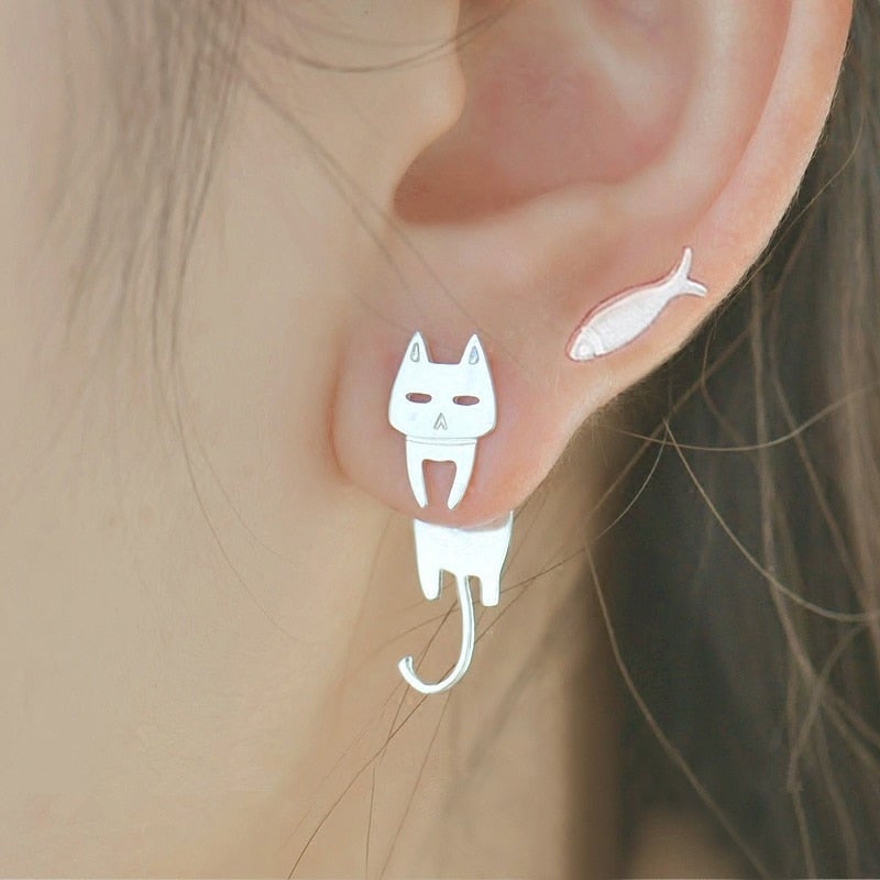 Silver Climbing Kitty Earrings