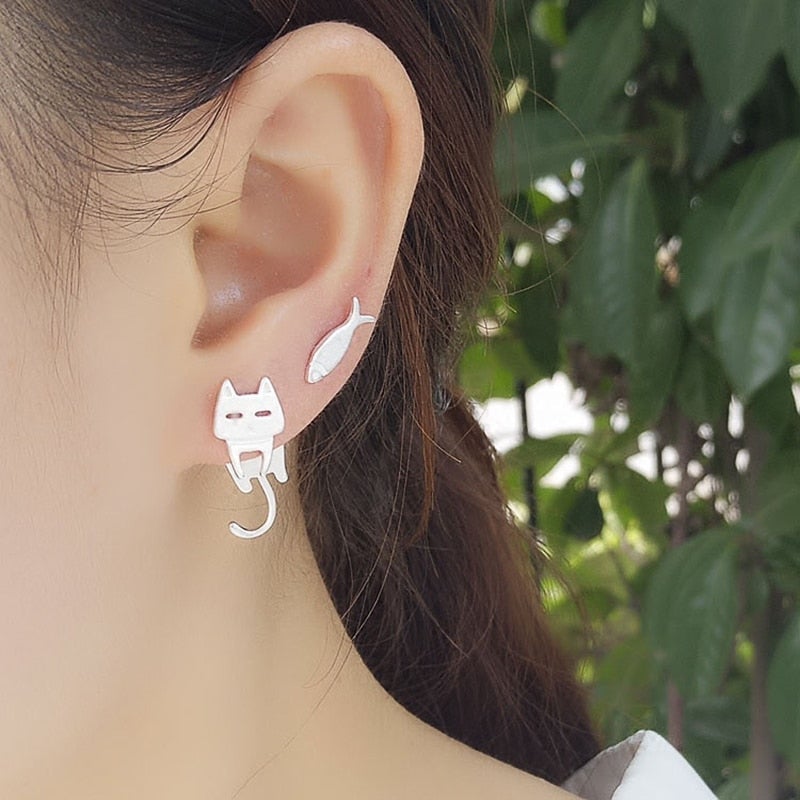 Silver Climbing Kitty Earrings