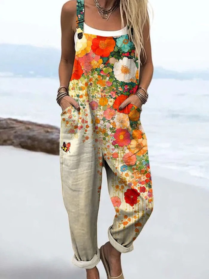 Women's Vintage Flower Art Print Casual  Wide Leg Jumpsuit