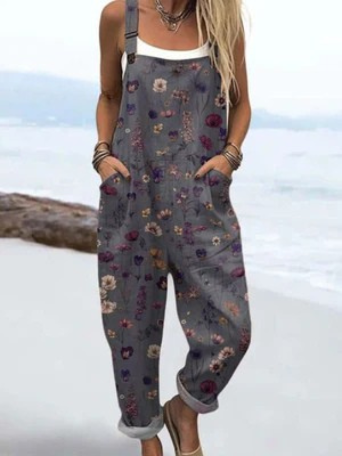 Women's  Vintage Flowers Art Print Casual  Wide Leg Linen Jumpsuit