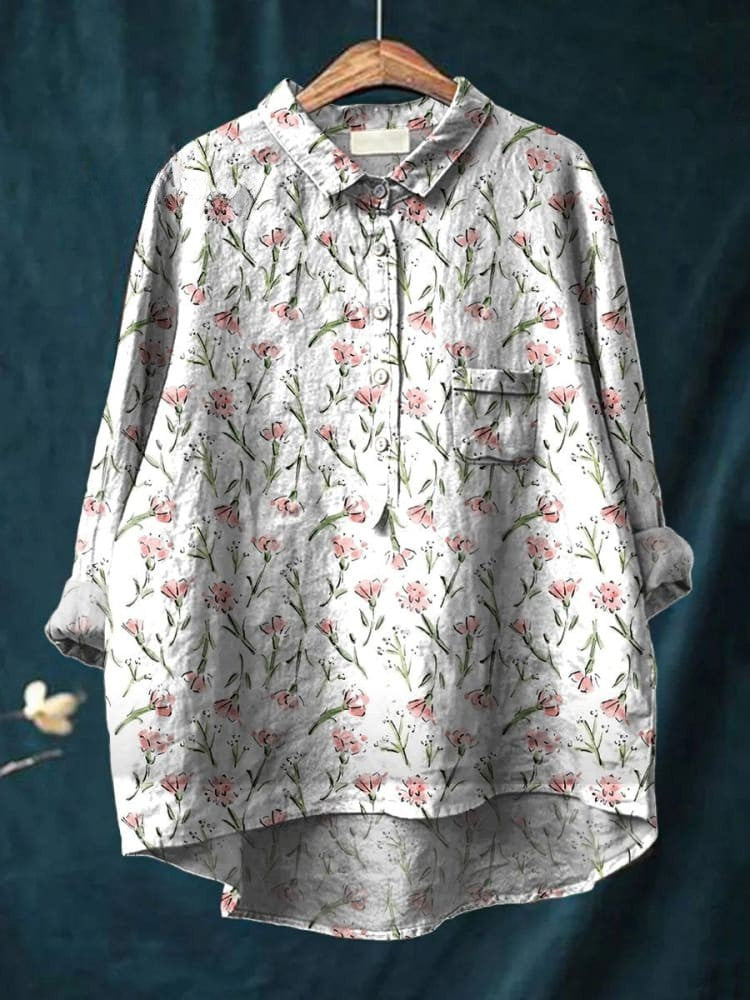 Pink Spring Floral Repeat Pattern Printed Women's Casual Linen Shirt